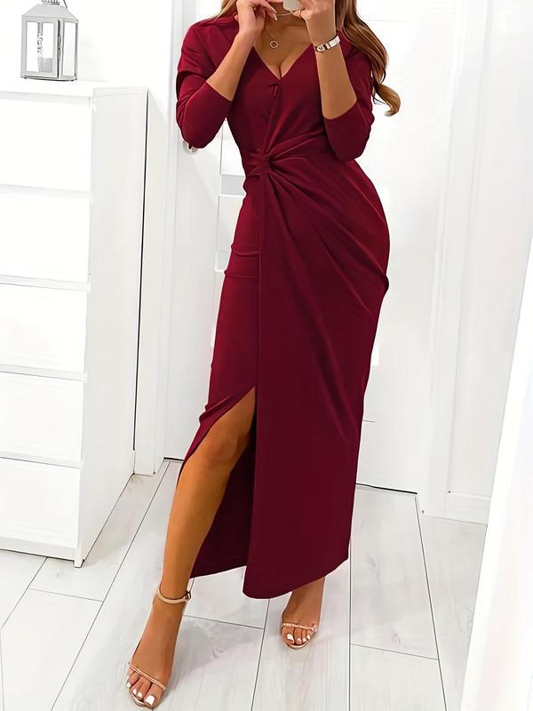 Women's Plain Twist Ruched Split Thigh Bodycon Dress, Elegant V Neck Long Sleeve Evening Party Gown, Ladies Clothes for All Seasons