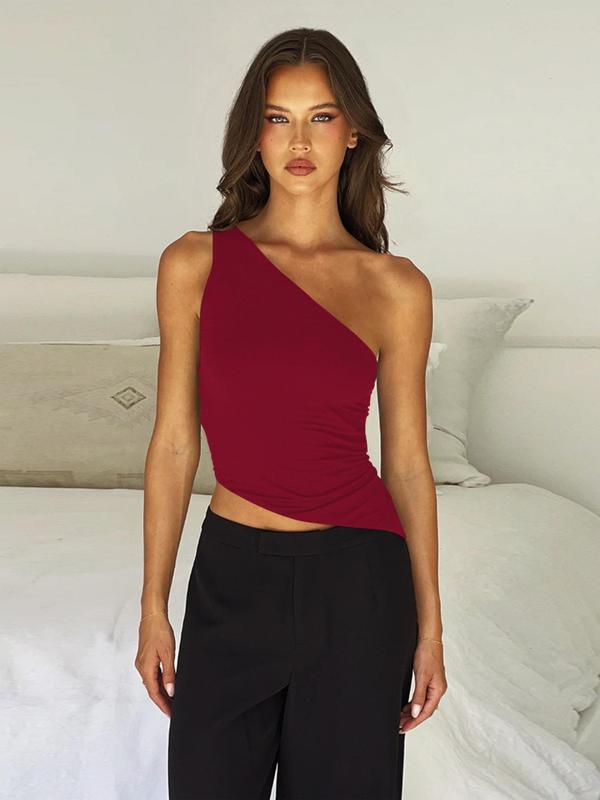 Women's Plain Asymmetrical Hem Ruched One Shoulder Crop Tank Top, Solid Color Tie Back Backless Sleeveless Cropped Top for Summer, Cute Crop Tops, Minimalist Back To School Tank Tops, Summer Tops, Fashion Casual Women's Clothing for Daily Wear