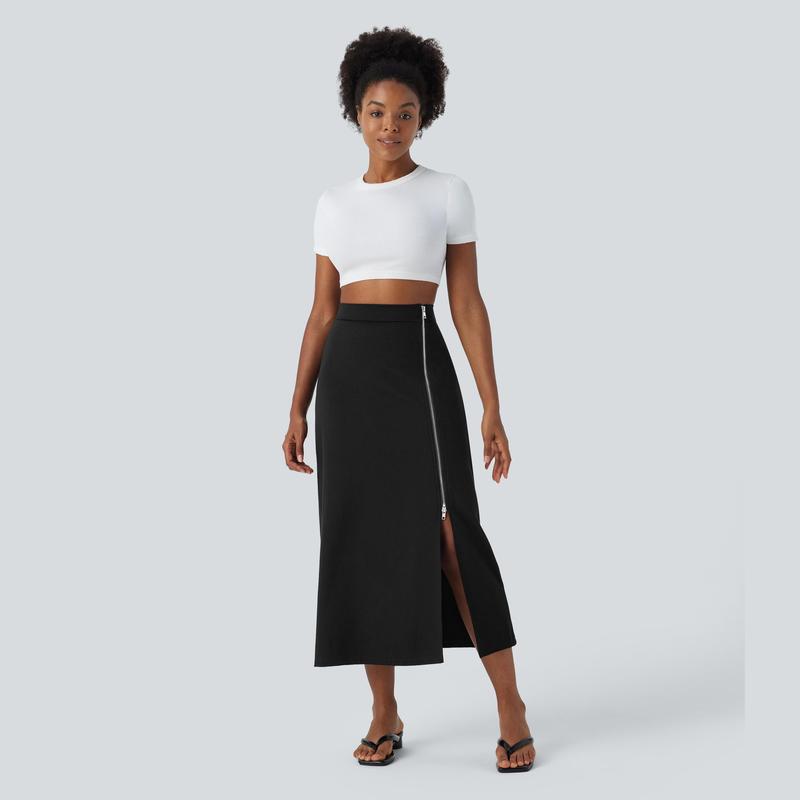 Halara High Waitsed 2-Way Zipper Split A Line Midi Casual Skirt