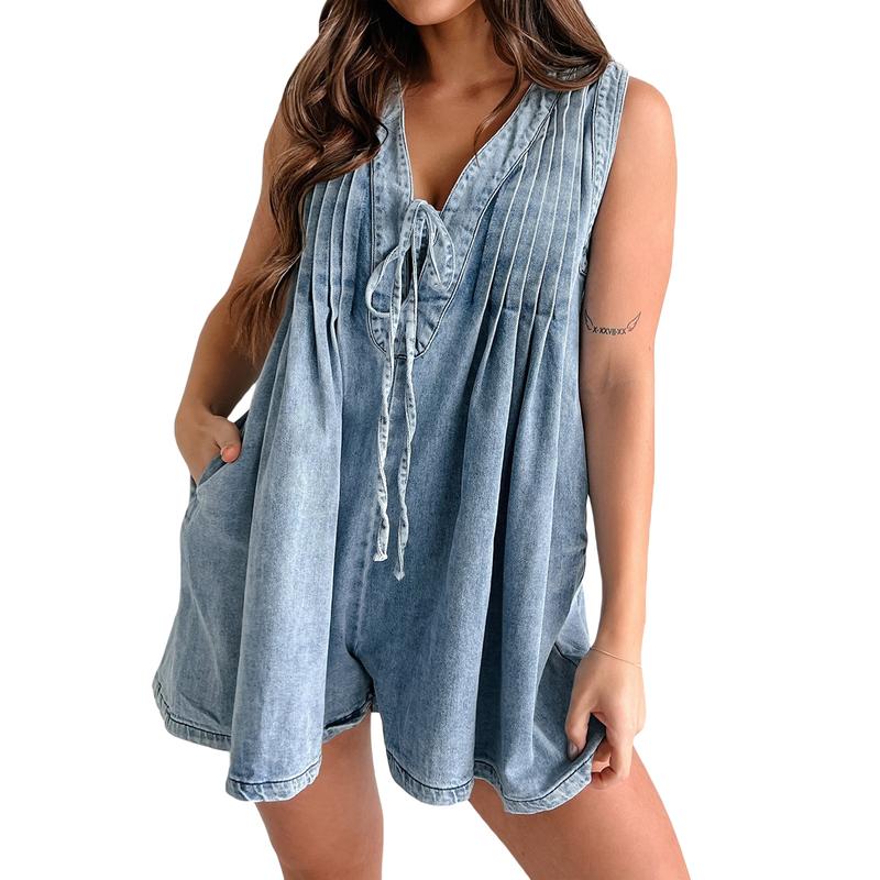 Women Summer Sleeveless Shorts Denim Jumpsuit Loose Tie Up Pleated Romper Casual Deep V Neck  Outfits