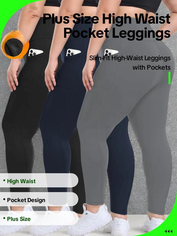  Solid Color High Waist Pocket Leggings, Casual Comfy Warm Skinny Pants for Women, Women's Bottoms for Fall & Winter