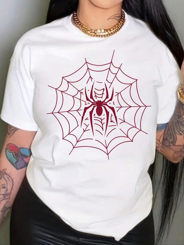 Women's Spider Web Print Round Neck Tee, Casual Short Sleeve Crew Neck T-shirt for Summer, T Shirts for Women, Fashion Women's Top for Daily Wear, Graphic Tees, Tops for Women Birthday Gifts