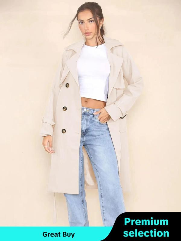 Women's Solid Double Button Belted Trench Coats, Elegant Lapel Neck Long Sleeve Coat for Fall, Winter Wear Casual Wear , Women's Outerwear for Daily Wear