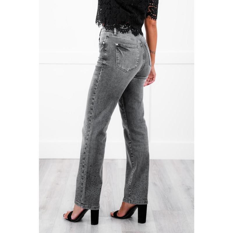 Judy Blue High Rise Grey Rhinestone Straight Leg Jeans