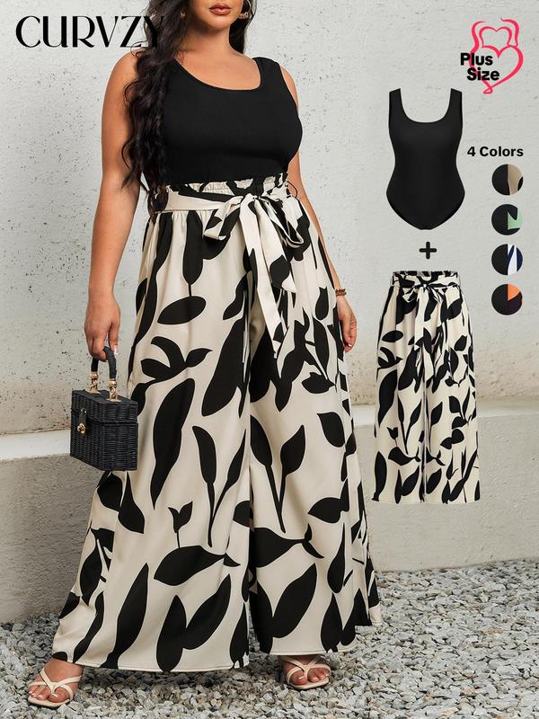 CURVZY Christmas Deals, Plus Size Leaf Print Belted Pants Set, Elegant Tank Top & Paper Bag Waist Trousers For Summer, Women's Two-piece Outfits For Beach Holiday Vacation, Christmas 2024 Trend, Fall & Winter Outfits