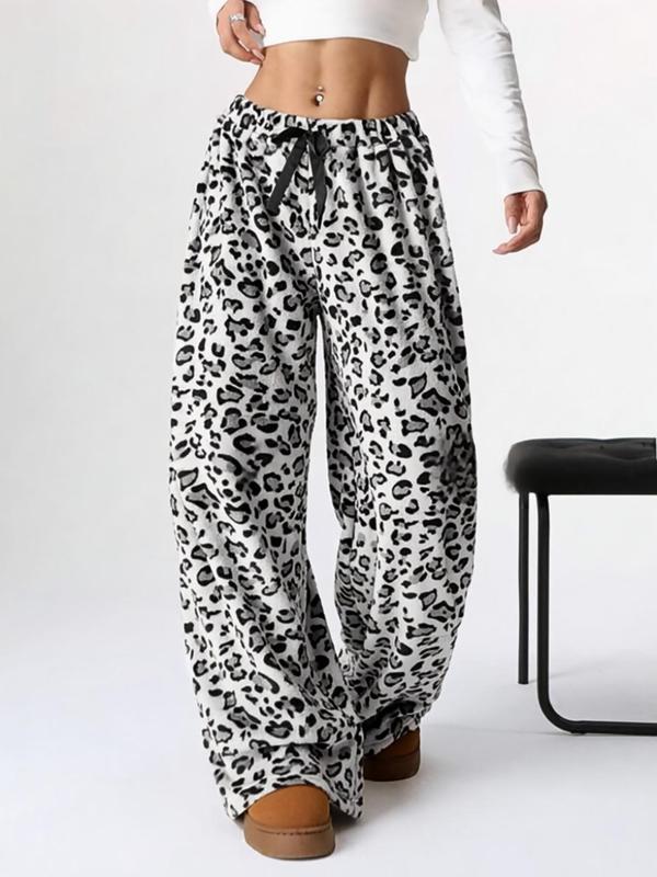 Women's Leopard Print Bow Decor Elastic Waist Wide Leg Pants, Casual Comfy Trousers for Daily Wear, Ladies Bottoms for Fall & Winter