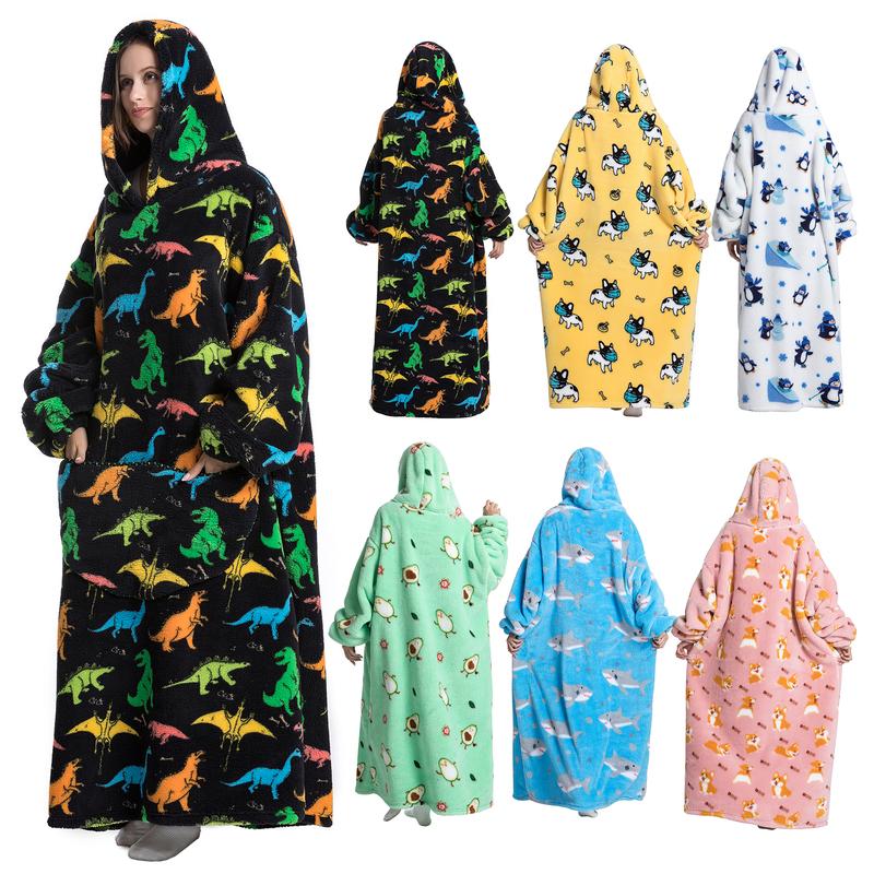 Summer Air-conditioned Room Comfortable Hoodie Nightgown with Big Pocket, Back to School SuppliesCute Alpaca & Penguin Print Hoodie Blanket Oversized Wearable loungewear