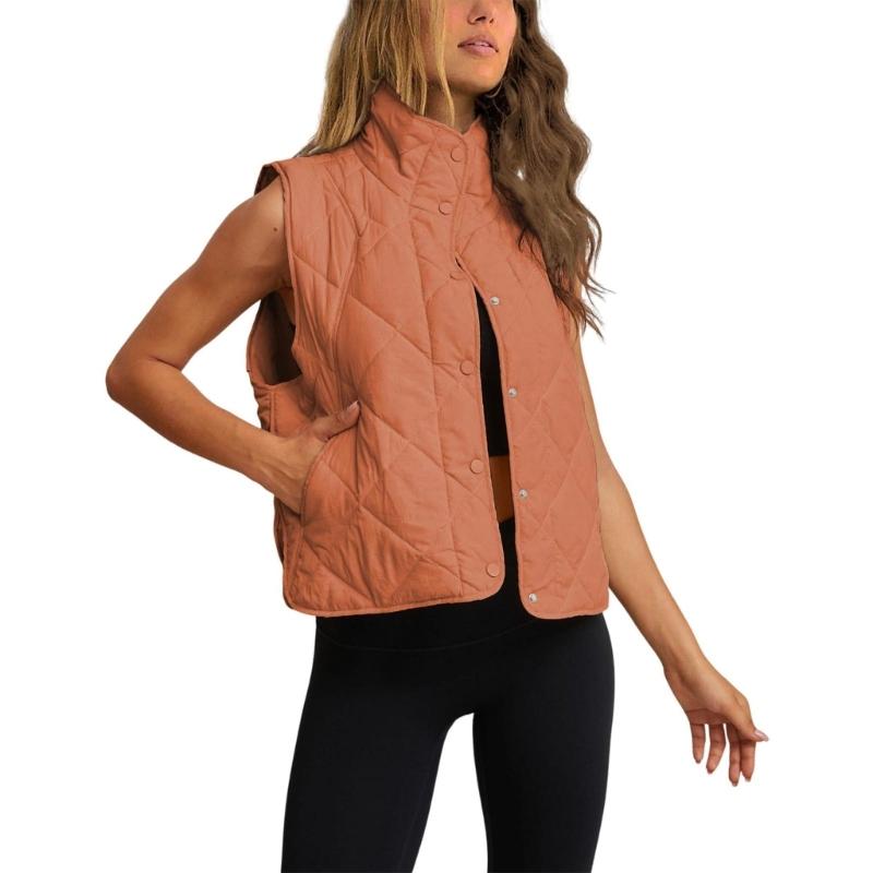 Womens Quilted Vest, Stand Collar Lightweight Button Padded Gilet,Autumn Winter Pocket Waistcoat Sleeveless Vest