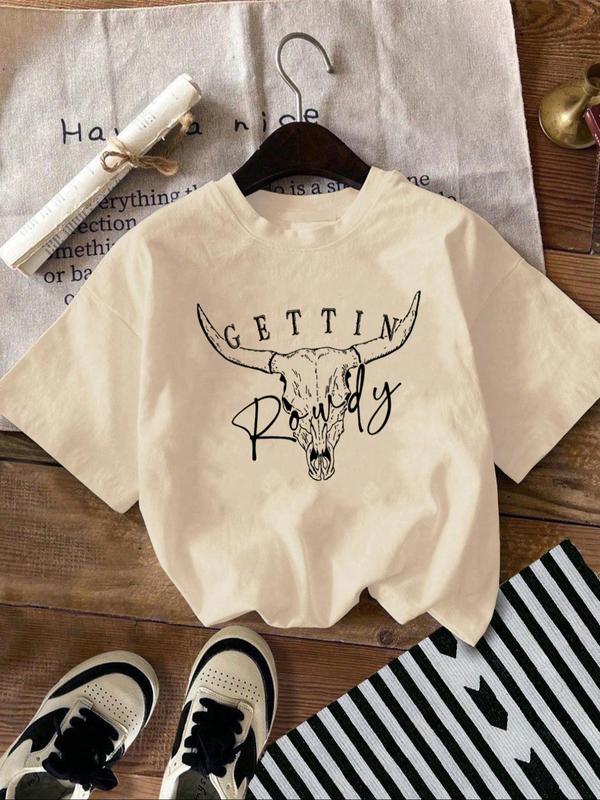 Women's Bull Head & Letter Print Round Neck Tee, Fashion Casual Drop Shoulder Short Sleeve T-shirt, Ladies Summer Clothes for Daily Wear