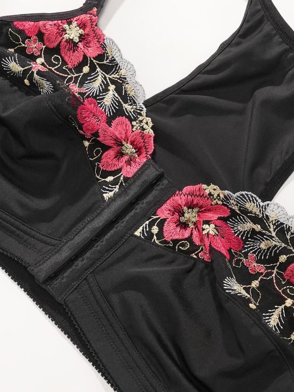  Floral Embroidery Wireless Bra, Casual Comfortable Breathable Sweetheart Neck Hook & Eye Front Bra for Daily Wear, Women's Lingerie for All Seasons