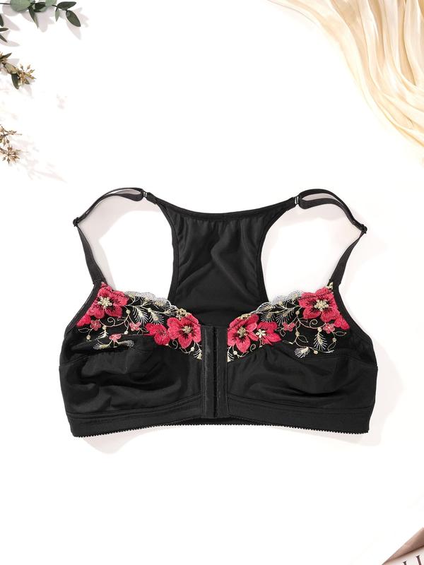  Floral Embroidery Wireless Bra, Casual Comfortable Breathable Sweetheart Neck Hook & Eye Front Bra for Daily Wear, Women's Lingerie for All Seasons