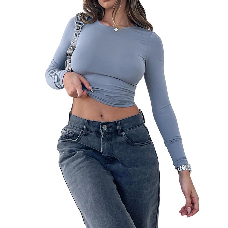 Women´s Autumn Slim Cropped Tops, Solid Color Round-Neck Long Sleeve Show Navel T-Shirt Fashion Womenswear