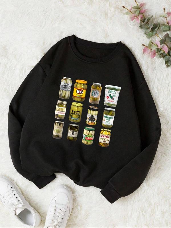 Women's Pickle Jar Print Drop Shoulder Thermal Lined Sweatshirt, Casual Long Sleeve Round Neck Pullover for Fall & Winter, Ladies Clothes for Daily Wear