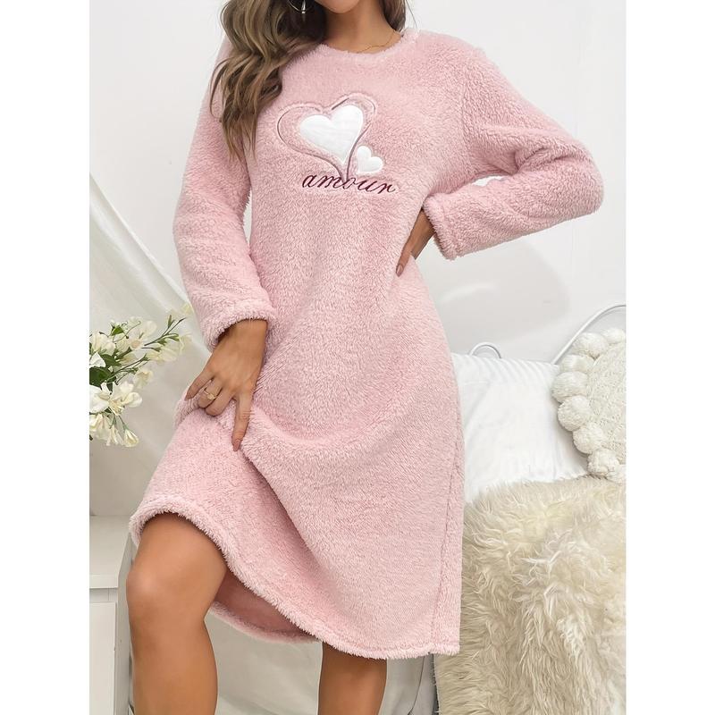 2024 Autumn and Winter Pink Love Flannel Long-Sleeved Thickened Nightdress Pullover Mid-Length Cute Loungewear