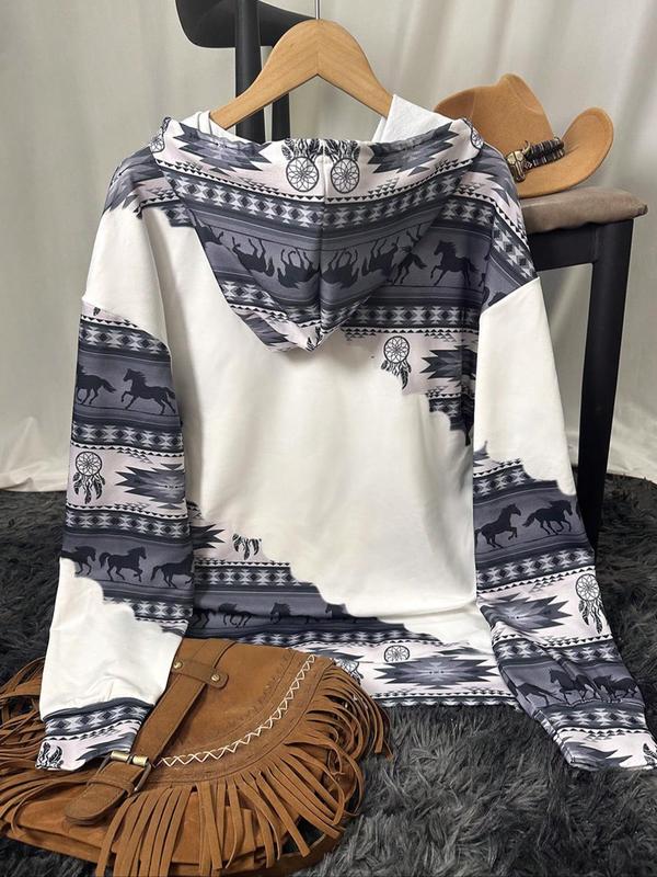 Women's Ethnic Pattern Patchwork Horse Print Drawstring Hoodie, Casual Long Sleeve Drop Shoulder Hooded Sweatshirt for Daily Holiday Outdoor Wear, Ladies Clothes for All Seasons