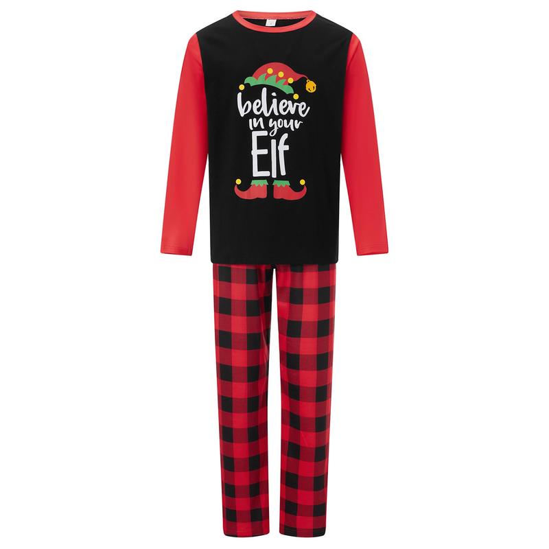 Matching Christmas Pajamas For Family Long Sleeve Elf Print Tops + Plaid Pants Set Loungewear