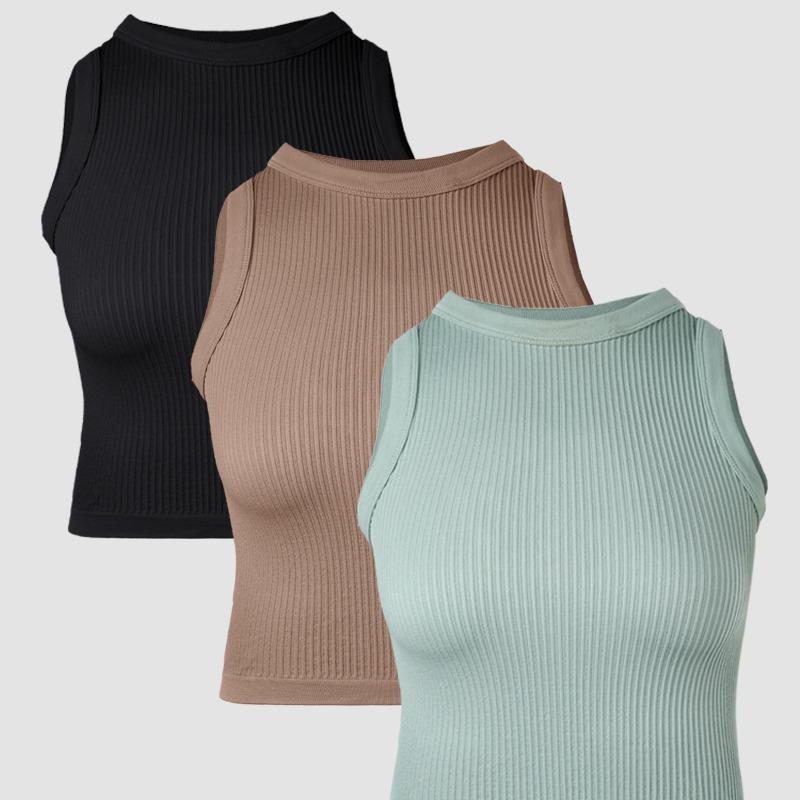 Chicme 3-Piece Crew Neck Seamless Rib-Knit Crop Tank Top top