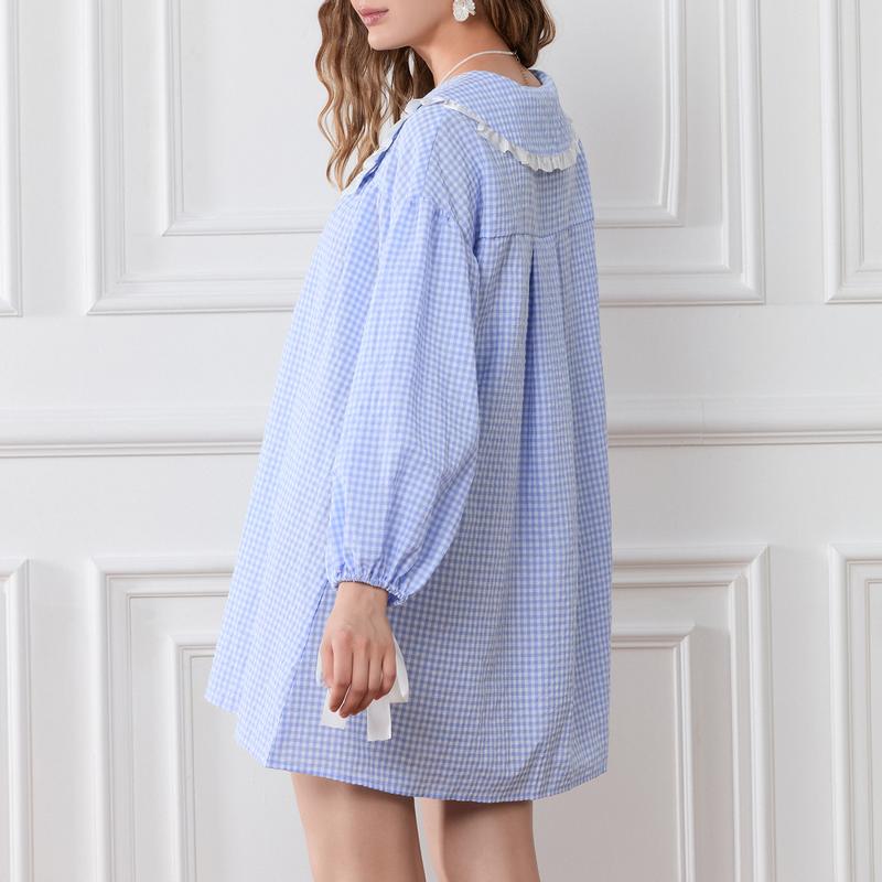 Women Y2K Vintage Plaid Babydoll Dress Long Puff Sleeve Doll Collar Sweet Plaid Dress Gingham Pajamas Dress Loungewear Sleepwear