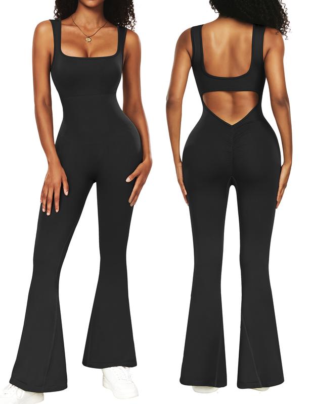 Womens Flare Jumpsuits One Piece Seamless Butt Scrunch Workout Romper Square Neck Backless Wide Leg Unitard