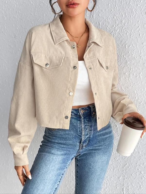 Women's Solid Button Front Drop Shoulder Corduroy Jacket, Casual Long Sleeve Flap Detail Collared Coat Outerwear for Spring & Fall, Ladies Clothes for Daily Wear