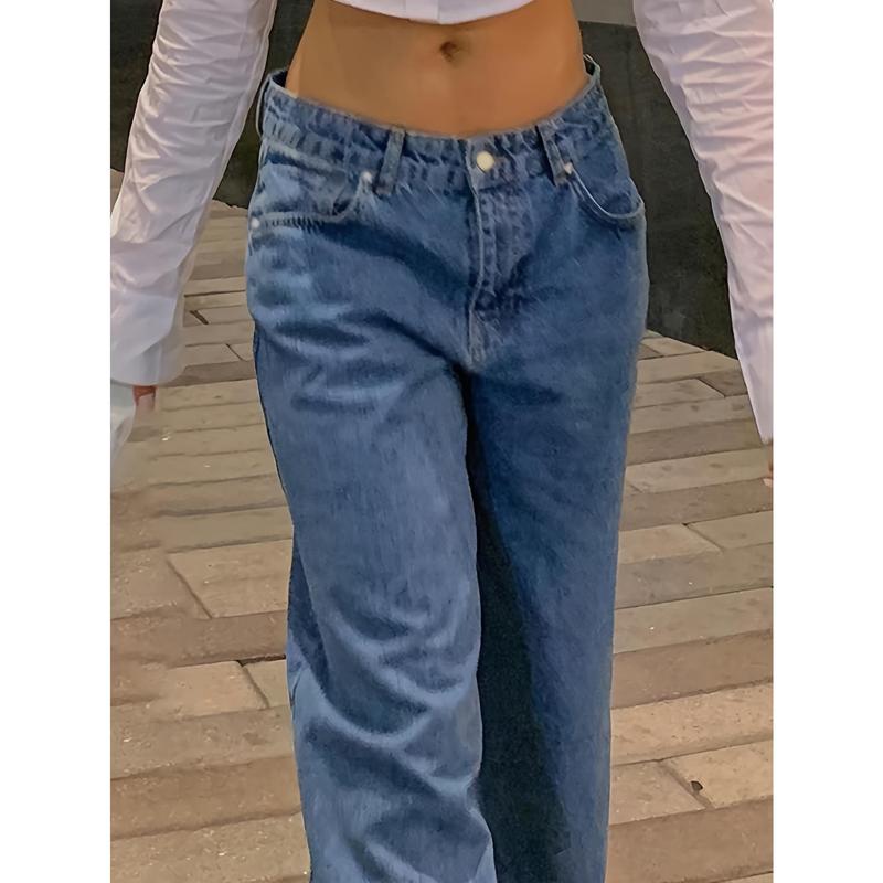 Women's High-Waisted Relaxed Fit Jeans, Straight Leg, Y2K Vintage Style, Blue, Machine Washable, Mom Jeans, 90s Inspired Womenswear Bottom lotus flower