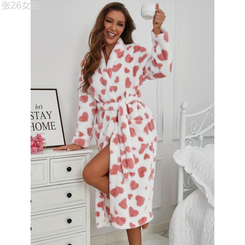 Cozy Heart Print Fleece Robe for Women - Thick, Warm V-Neck Lounge Dress with Belt, Perfect for Fall Winter Collar Fabric