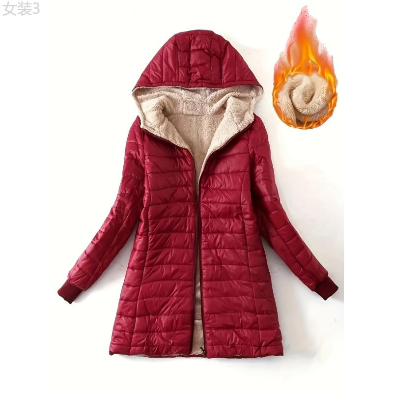 Zip-up Puffy Hoodie Coat, Casual Thermal Long Sleeve Coat For Fall & Winter, Women's Clothing Fabric Womenswear