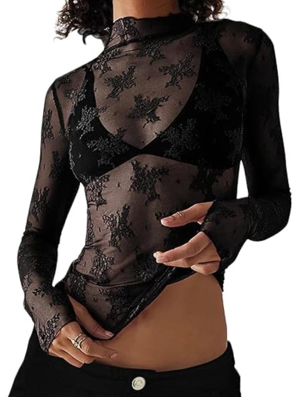 Women's Floral Lace Mesh See Through Slim Shirt,Mock Collar Long Sleeve Sexy Tulle Blouse Streetwear,christmas 2024 gift