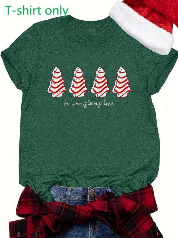  Christmas Tree Print Round Neck Tee, Casual Short Sleeve Crew Neck T-shirt for Daily Wear, Women Clothing for All Seasons