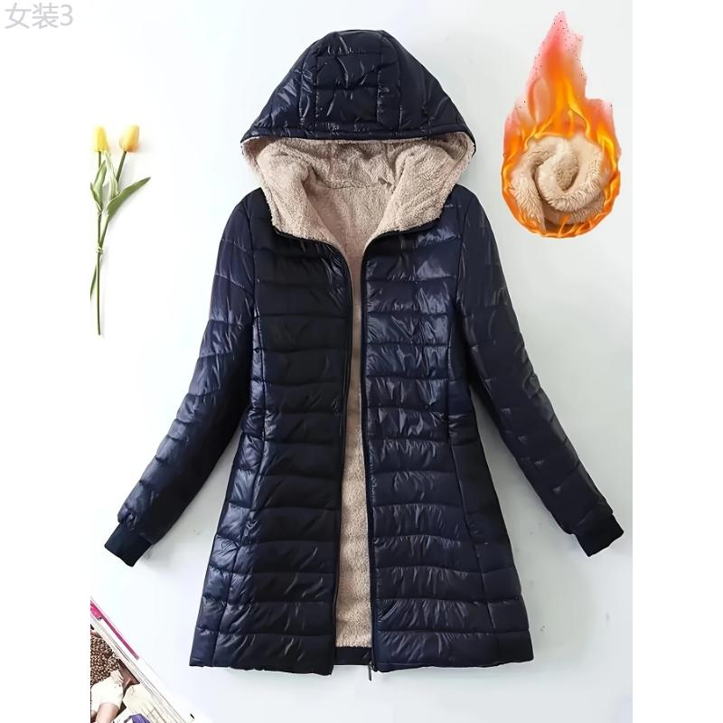 Zip-up Puffy Hoodie Coat, Casual Thermal Long Sleeve Coat For Fall & Winter, Women's Clothing Fabric Womenswear