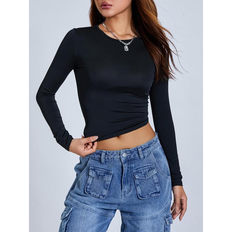 Women´s Autumn Slim Cropped Tops, Solid Color Round-Neck Long Sleeve Show Navel T-Shirt Fashion Womenswear