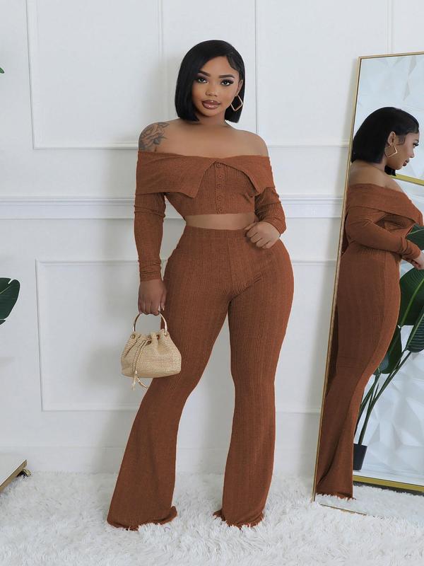 Two-Piece Set Women's Solid Off Shoulder Crop Top & High Waist Flare Leg Pants, Elegant Fashion Casual Button Front Top & Bell Bottom Trousers for Daily Outdoor Wear, Women's Clothing for Spring & Fall