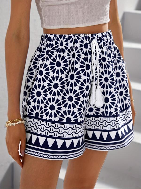 Women's Ethnic Pattern Fringe Drawstring Waist Wide Leg Shorts, Boho Casual High Waist Shorts for Beach Vacation Holiday, Ladies Summer Bottoms