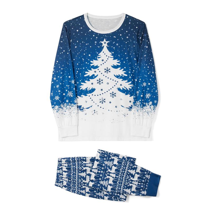 Blue Christmas Pajamas for Family Snowflake Tree Print Long Sleeve Crew Neck Tops + Pants Set Sleepwear