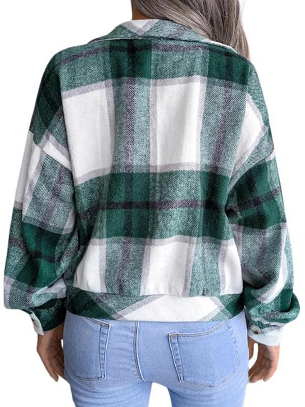 Women's Plaid Print Button Front Drop Shoulder Shirt, Casual Long Sleeve Collared Top for Fall & Winter, Women's Clothes for Daily Wear