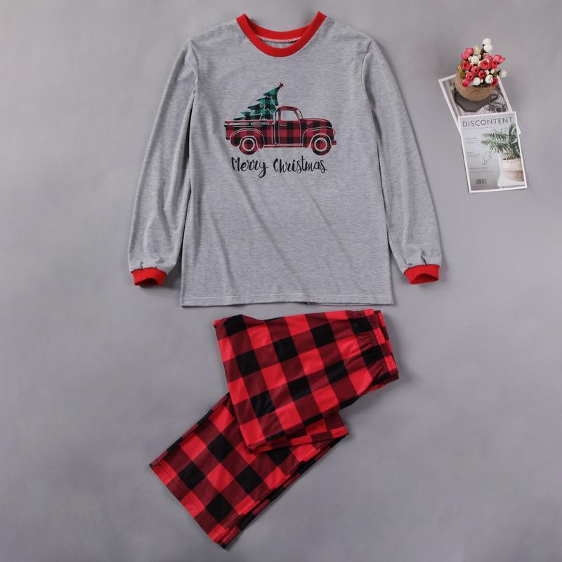 Family Matching Christmas Pajamas Sets, Cartoon Car Tree Letter Plaid Printed Papa Mama Kid Tops Pant Jumpsuit Sleepwear Cotton Womenswear