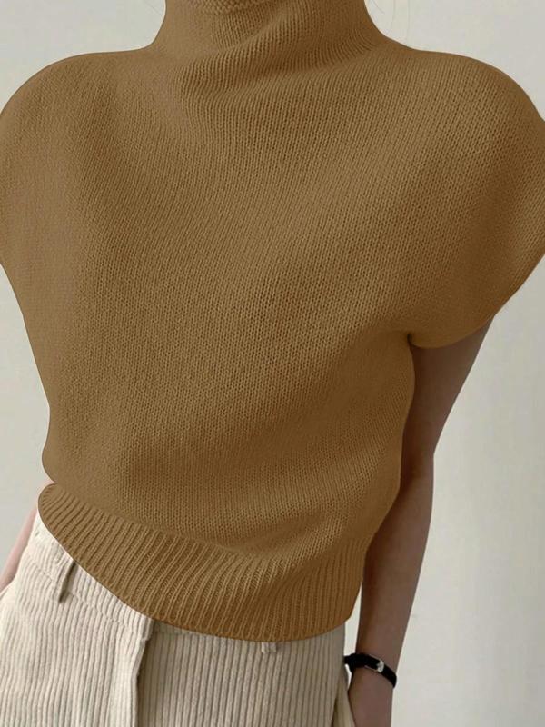 Women's Solid Color High Neck Drop Shoulder Sweater Vest, Casual Sleeveless Knitwear Top for Fall & Winter, Fashion Ladies' Knit Clothing for Daily Wear