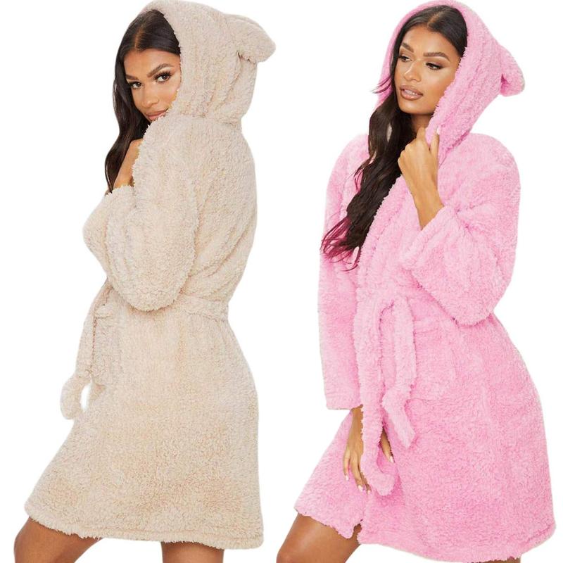 Women Bathrobe Nightgown Thick Warm Robe Pink Cute Adults Animal Flannel Bath Robe Sleepwear Winter Unisex Plush Pajamas