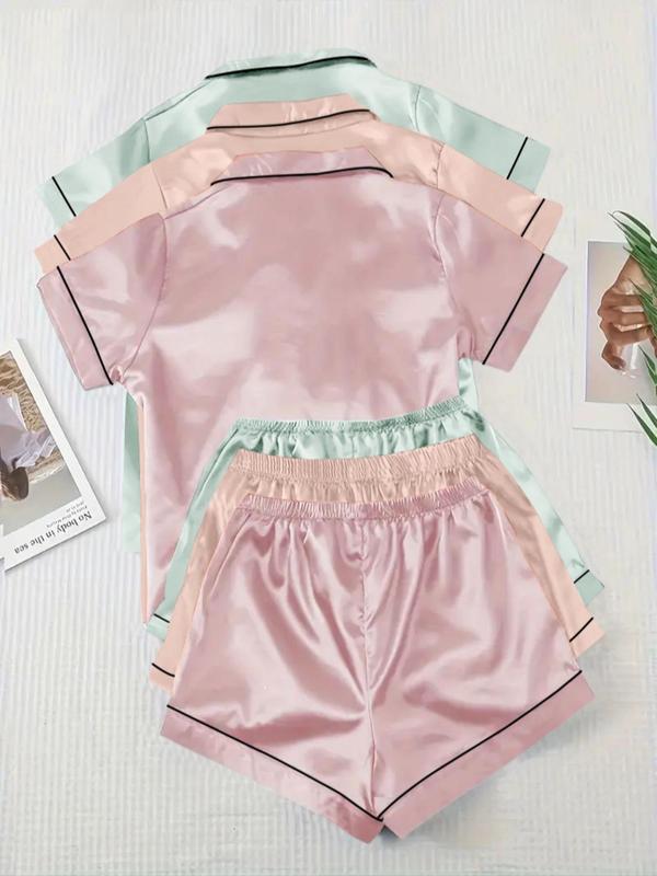 Women's Contrast Binding Lapel Pocket Shirt & Elastic Waist Shorts Satin Pyjama Set, Casual Comfy Short Sleeve Button Front Top & Shorts PJ Set, Ladies Summer Sleepwear