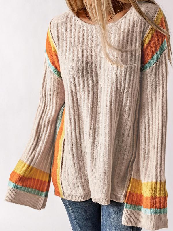 Women's Colorblock Striped Print Flounce Sleeve Sweaters, Casual Long Sleeve Round Neck Knitting Jumper, Fall Clothes, Knit Sweater for Women, Ladies' Knitwear for Daily Wear, Womenswear