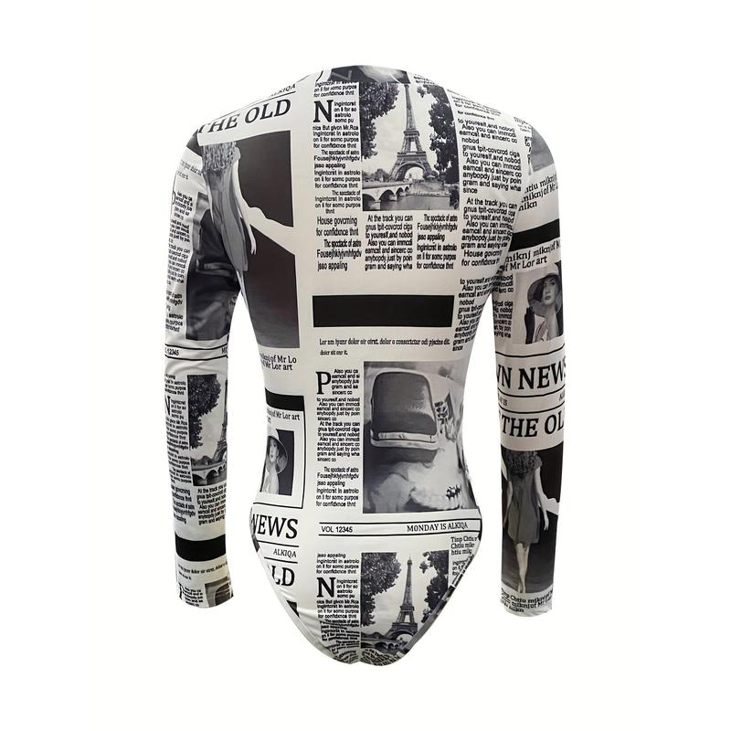 Sexy Long Sleeve Newspaper Print Bodysuit, One Piece Women's Clothing