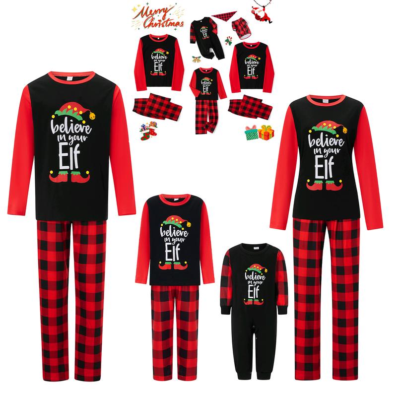 Matching Christmas Pajamas For Family Long Sleeve Elf Print Tops + Plaid Pants Set Loungewear