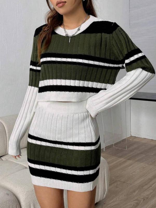 Women's Colorblock Striped Print Crew Neck Sweater & Bodycon Skirt Two-piece Set, Casual Fashion Cozy Knitwear Set for Daily Outdoor Wear, Women Knitwear for Spring & Fall