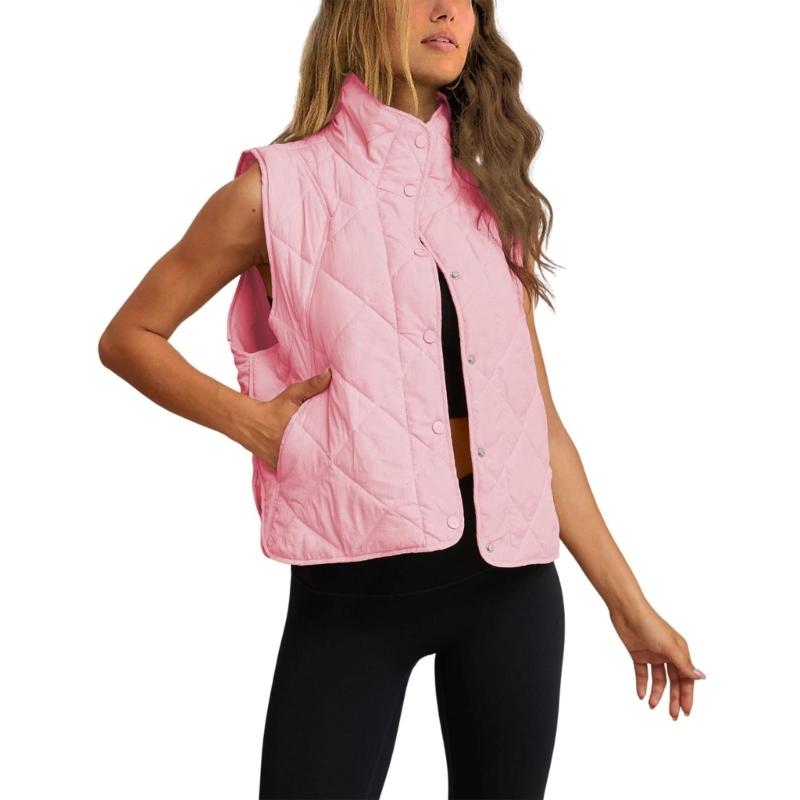 Womens Quilted Vest, Stand Collar Lightweight Button Padded Gilet,Autumn Winter Pocket Waistcoat Sleeveless Vest