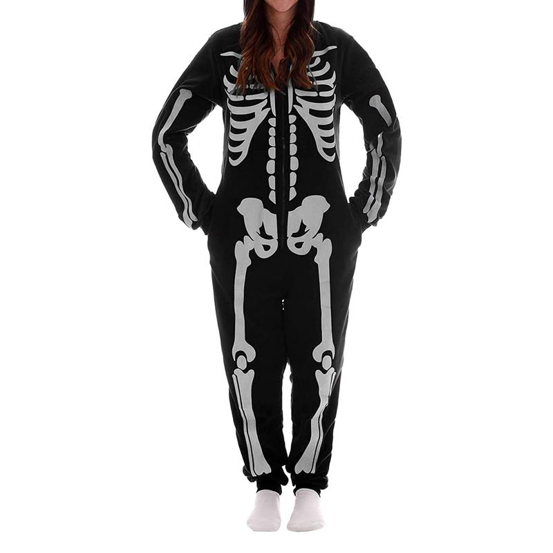 Family Matching Halloween Onesie Pajamas, Funny Skeleton Printed Hooded Zipper PJs Loungewear for Men Women Kids Long Sleeve Sleeve