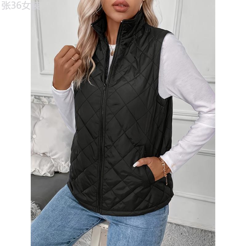 Quilted Solid Zipper Vest - Ultra-Warm, Versatile, Sleeveless Winter Outwear for Women - Perfect for Cold Weather, Outdoor Activities, and Daily Life Collar Fabric