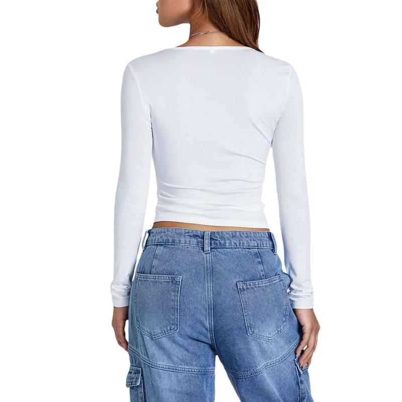 Women´s Autumn Slim Cropped Tops, Solid Color Round-Neck Long Sleeve Show Navel T-Shirt Fashion Womenswear