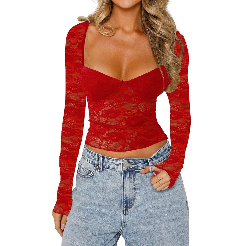 Women Lace Long Sleeve Shirt Top Y2K Slim Fit Crop Top Sexy Lace Low Cut Top Tee Club Streetwear