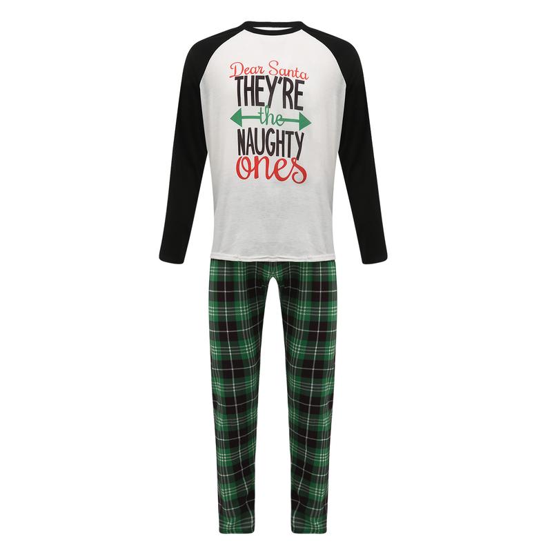 Family Matching Christmas Pajamas Set, Long Sleeve Letter Raglan Tops + Plaid Pants Set Loungewear