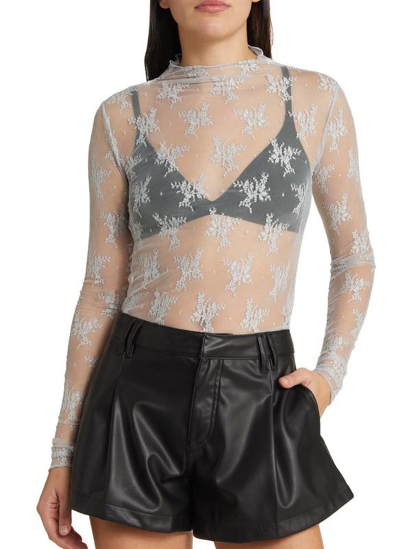 Women's Floral Lace Mesh See Through Slim Shirt,Mock Collar Long Sleeve Sexy Tulle Blouse Streetwear,christmas 2024 gift